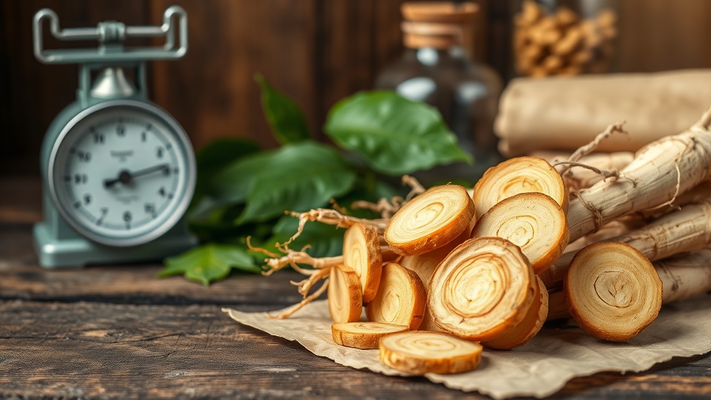Close-up of Siberian ginseng root slices on a wooden surface with green leaves in background