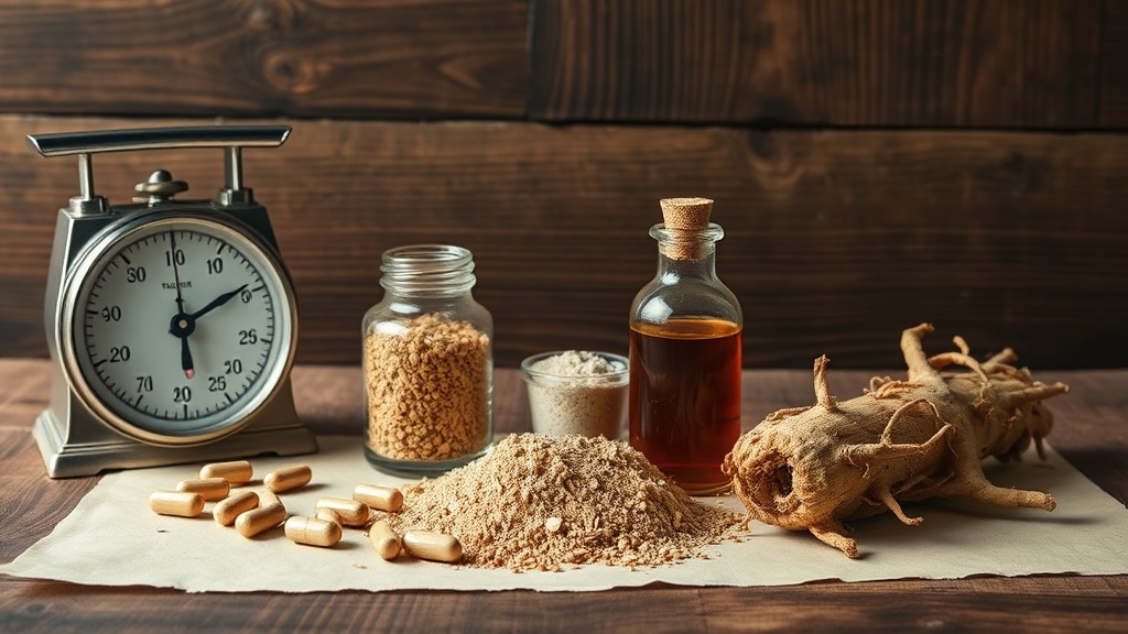 Various forms of Siberian ginseng: capsules, powdered root, tincture in bottle, and whole dried root on a wooden surface.