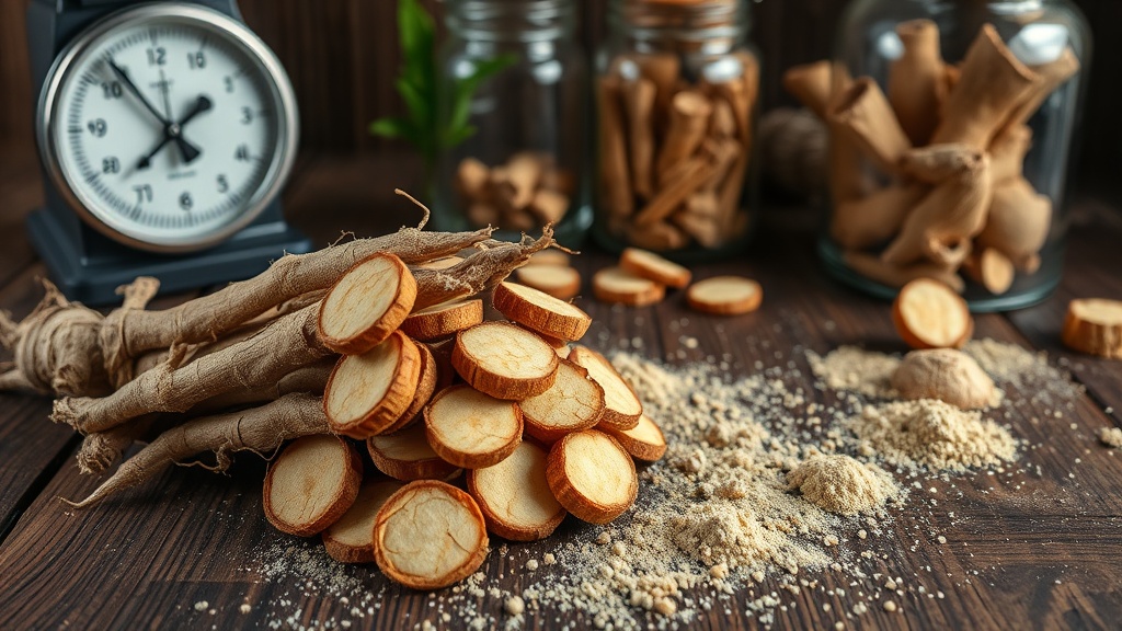 Close-up of dried Siberian ginseng root slices on a wooden surface with scattered powder.