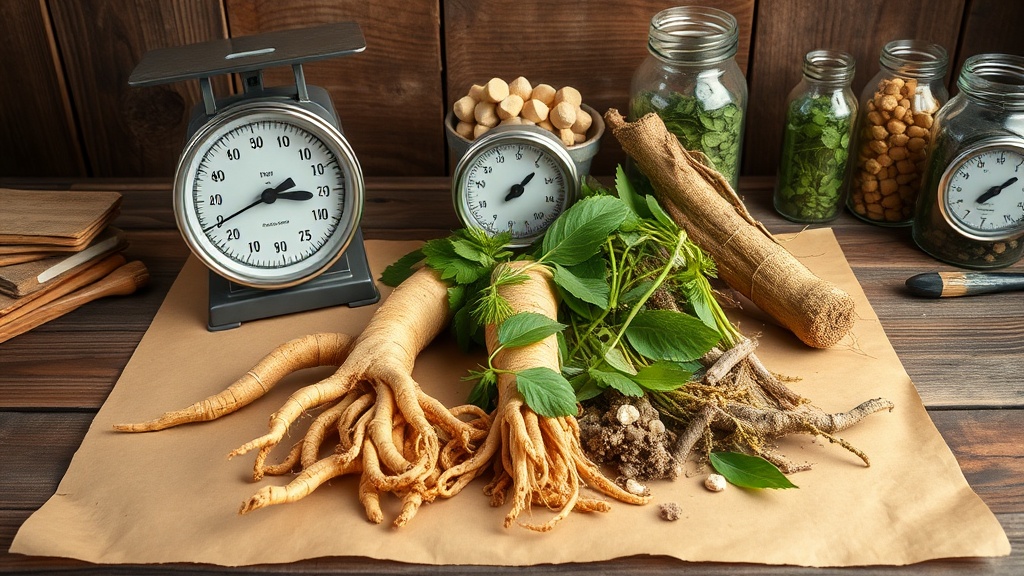 Comparison of Siberian ginseng root with Panax ginseng and ashwagandha roots on a wooden table