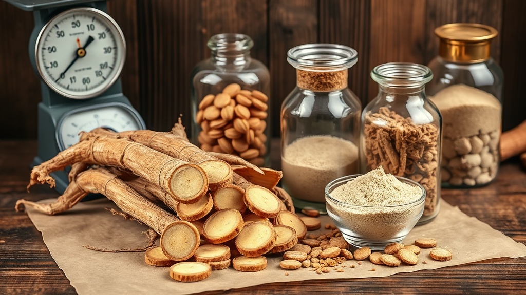Siberian ginseng root slices and powdered extract in glass jars on a wooden table.