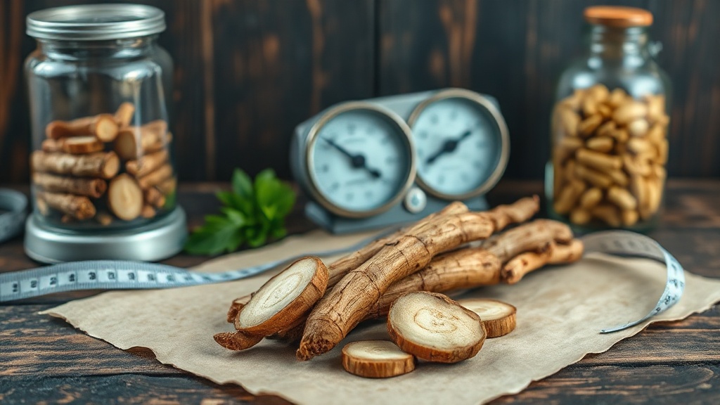 Siberian ginseng root slices on a wooden surface with a measuring tape, representing caution in pregnancy and paediatrics.