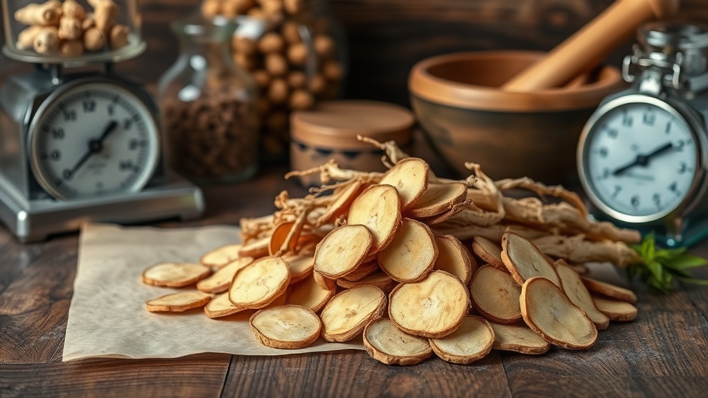 Dried Siberian ginseng root slices on a wooden surface with a mortar and pestle in the background.