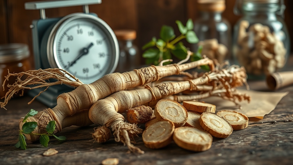 Close-up of Siberian ginseng (Eleutherococcus senticosus) roots and dried slices on a wooden surface