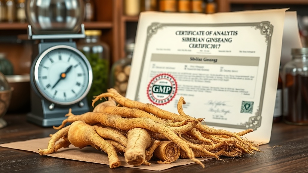 Close-up of dried Siberian ginseng roots with a Certificate of Analysis and GMP certification badge on a laboratory bench