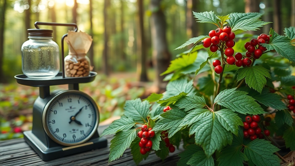 Close-up of Siberian ginseng (Eleutherococcus senticosus) leaves and berries in a forest setting.
